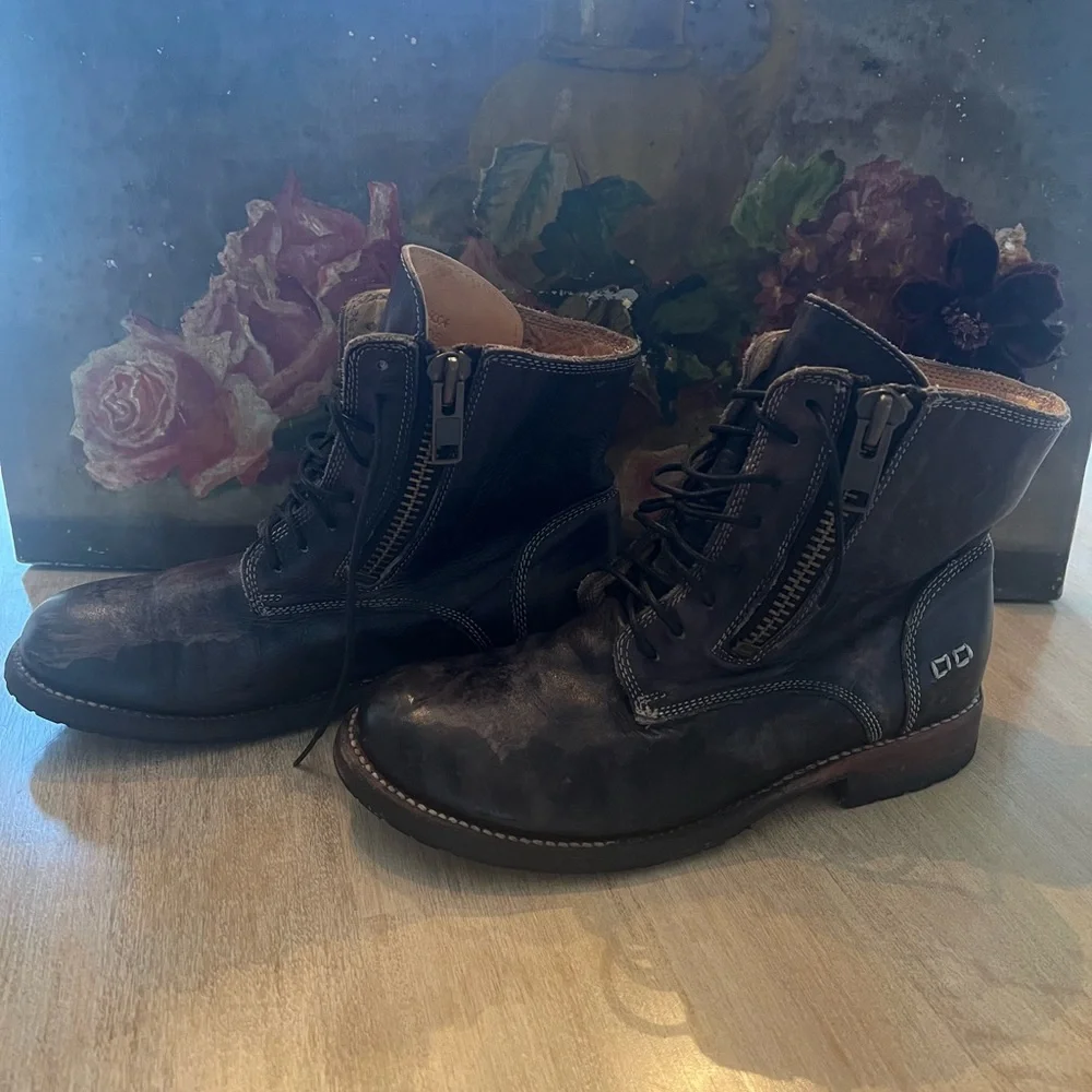 Bed Stu Distressed Black Leather Combat Boots - Picture 2 of 8